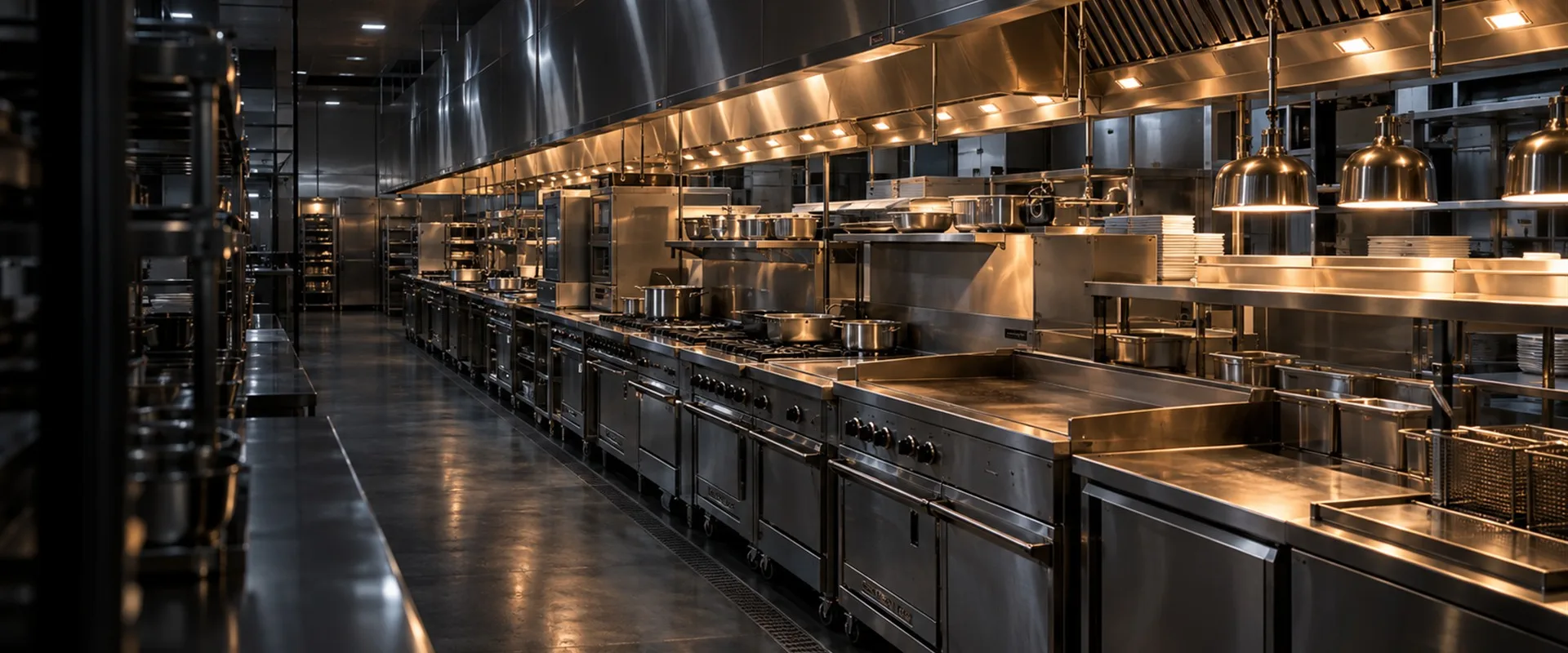 Commercial kitchen cooking line under a continuous stainless steel exhaust hood